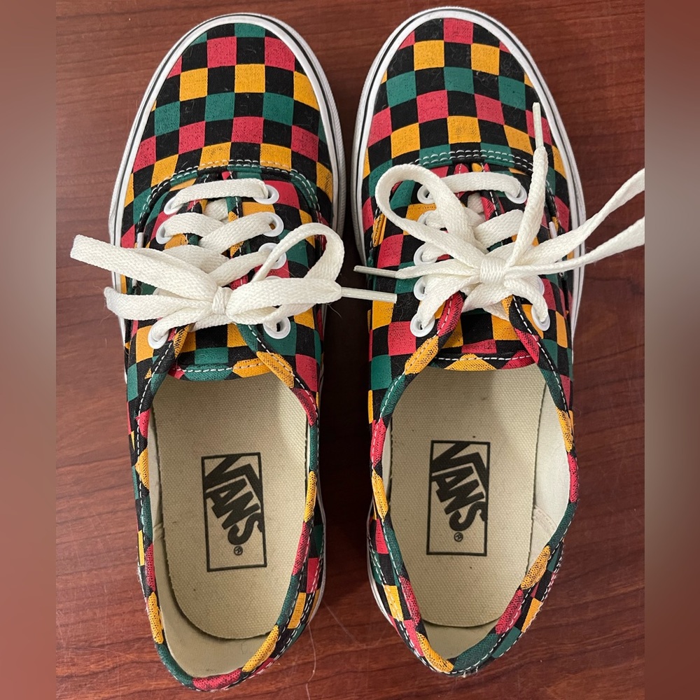 NWOT Vans sneakers red gold and green on black, distressed 7M/8.5W